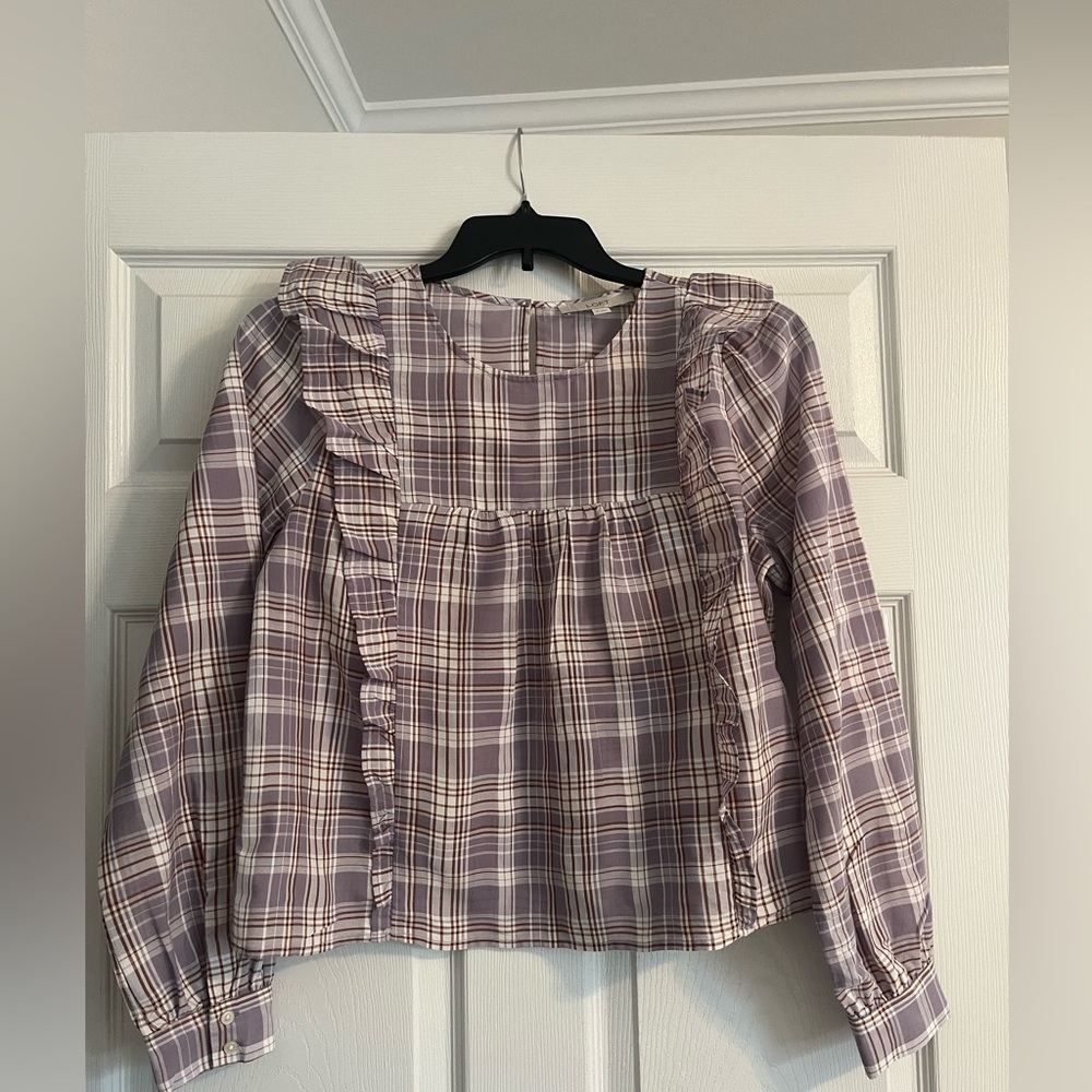 Loft Light Purple, white, brown plaid top. Size - medium.